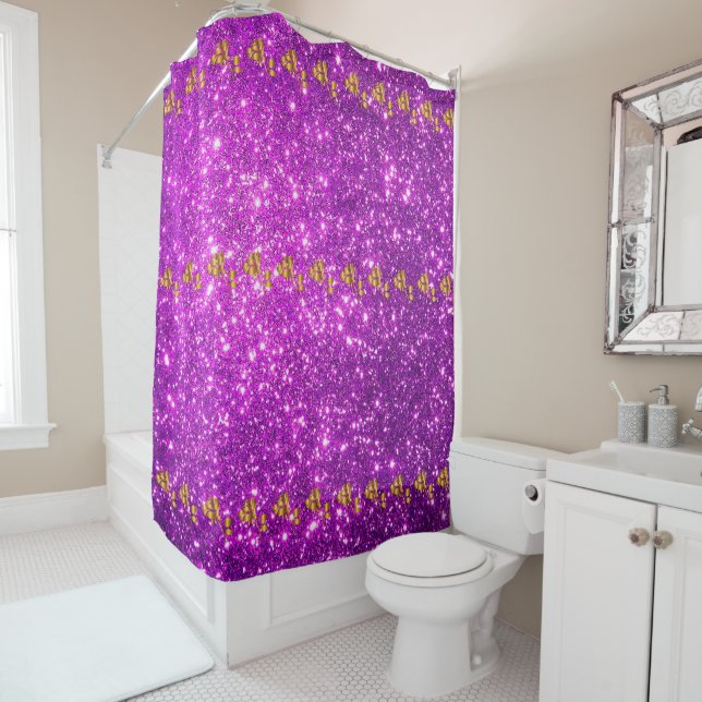 Luxury Popular Floral Purple Gold Glitter Shower Curtain (In Situ)
