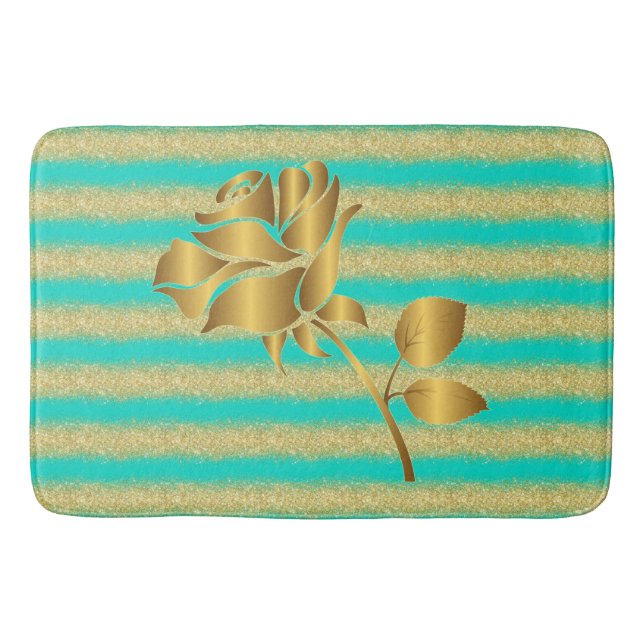 Luxury Popular Floral Turquoise Gold Glitter Bath Mat (Front)
