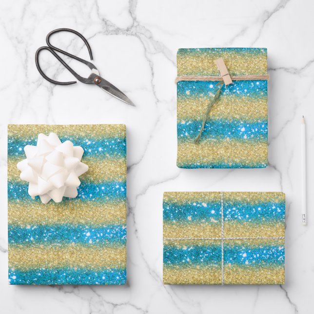 Luxury Popular Gift Blue Gold Glitter Wrapping Paper Sheet (Front)