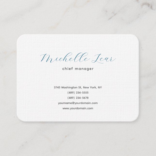 Luxury Premium Linen Blue & White Plain Classical Business Card (Front)