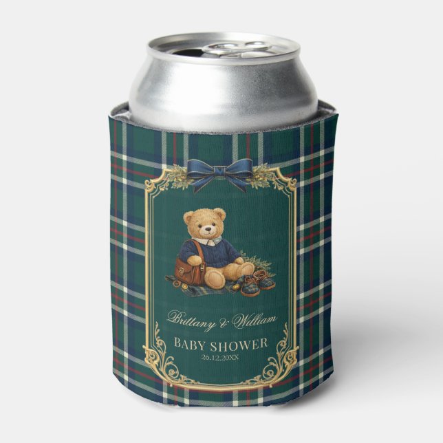 Luxury Preppy Teddy Bear Plaid Baby Shower  Can Cooler (Can Front)