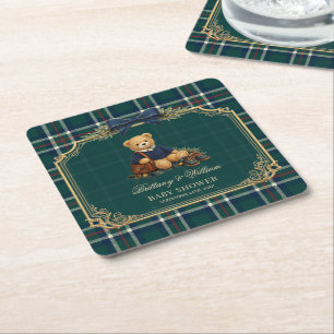 Luxury Preppy Teddy Bear Plaid Baby Shower Square Paper Coaster