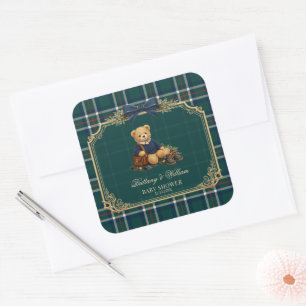 Luxury Preppy Teddy Bear Plaid Baby Shower  Square Sticker