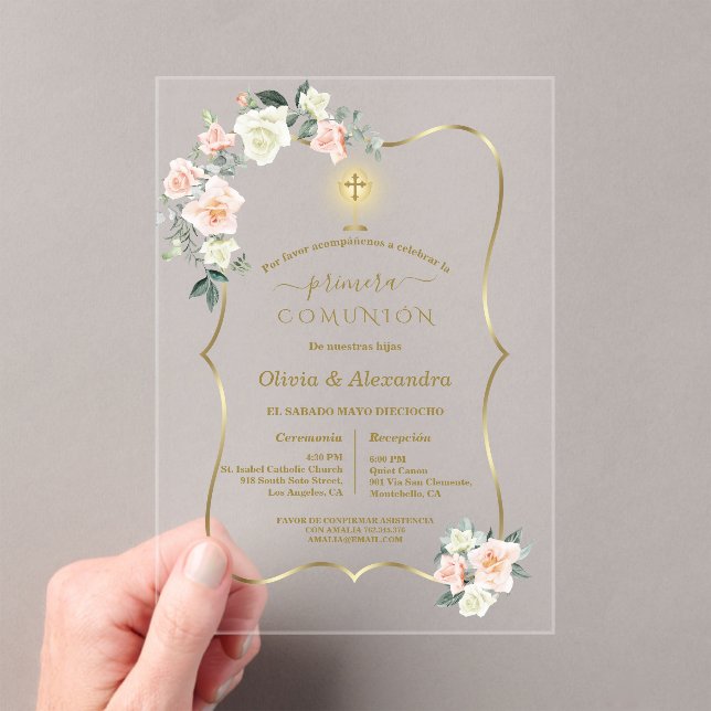 Luxury Primera Comunión Girls Twins Holy Communion Acrylic Invitations (Insitu (Handheld))