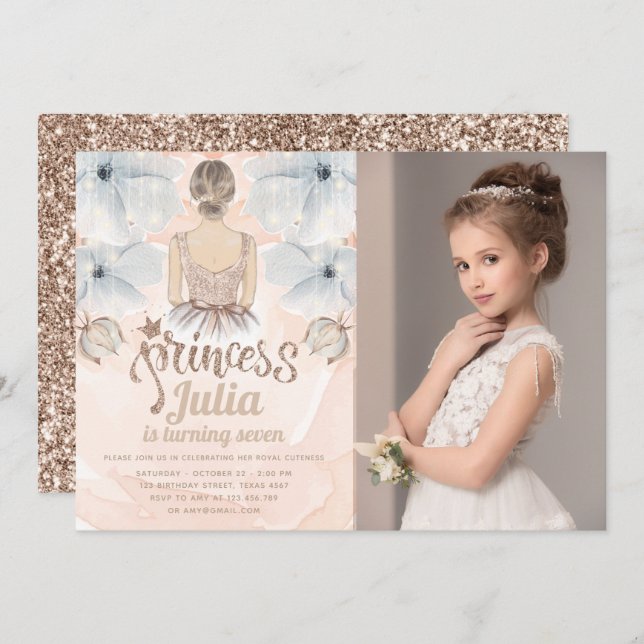 Luxury Princess Birthday Party Photo glitter Invitation (Front/Back)