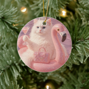 Luxury Princess Cat on Pink Flamingo Pool Float    Ceramic Ornament