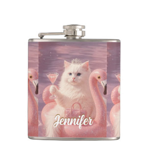 Luxury Princess Cat on Pink Flamingo Pool Float Hip Flask