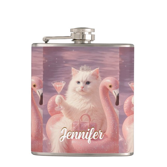 Luxury Princess Cat on Pink Flamingo Pool Float    Hip Flask (Front)