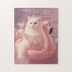 Luxury Princess Cat on Pink Flamingo Pool Float Jigsaw Puzzle
