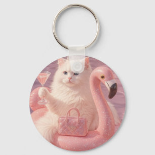 Luxury Princess Cat on Pink Flamingo Pool Float    Key Ring