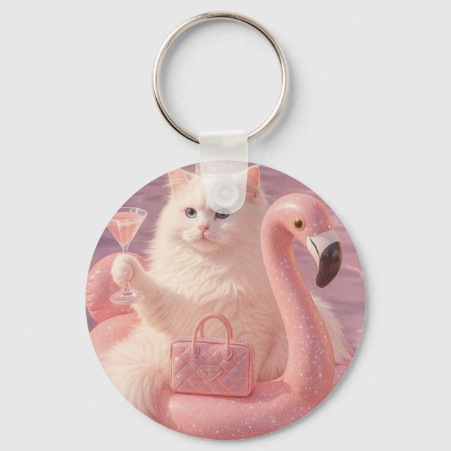 Luxury Princess Cat on Pink Flamingo Pool Float    Key Ring (Front)