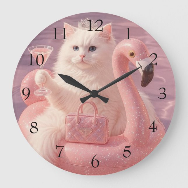 Luxury Princess Cat on Pink Flamingo Pool Float    Large Clock (Front)