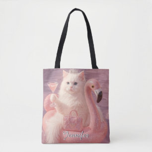 Luxury Princess Cat on Pink Flamingo Pool Float    Tote Bag