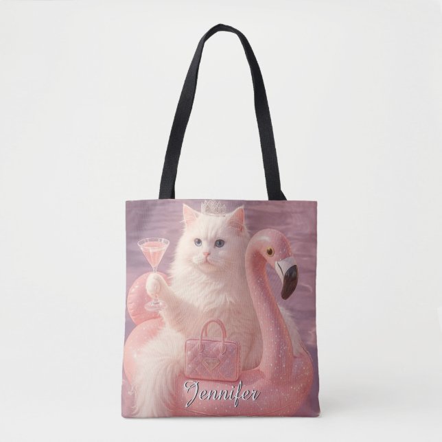 Luxury Princess Cat on Pink Flamingo Pool Float    Tote Bag (Front)