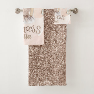 Luxury Princess Personalised Beige glitter Bath Towel Set