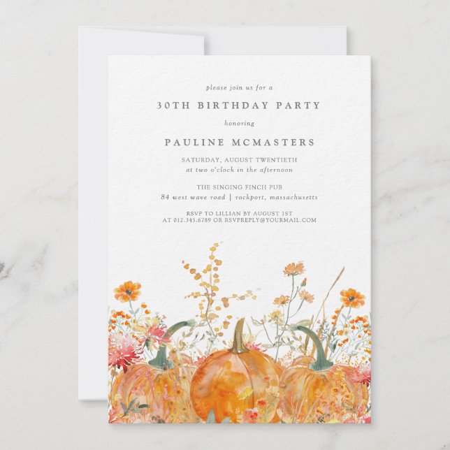 Luxury Pumpkin Wildflower Fall 30th Birthday Invitation (Front)