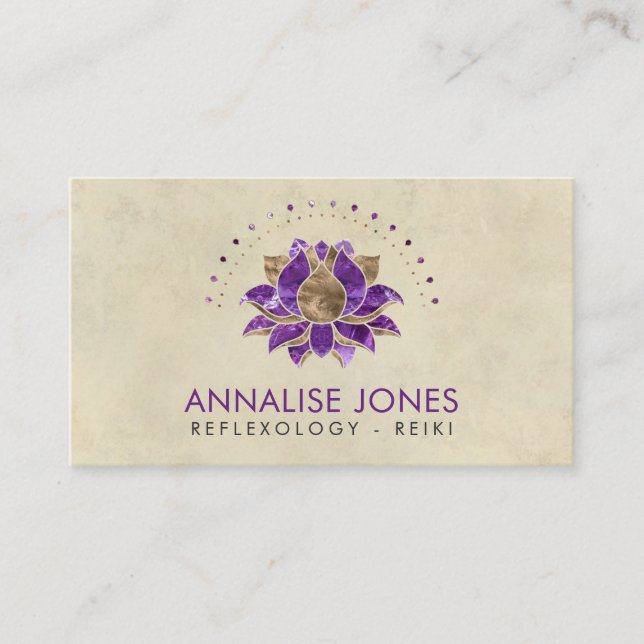 Luxury Purple Amethyst and gold Lotus Business Card (Front)