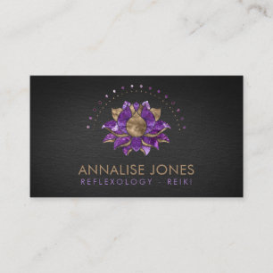Luxury Purple Amethyst and gold Lotus on black Business Card