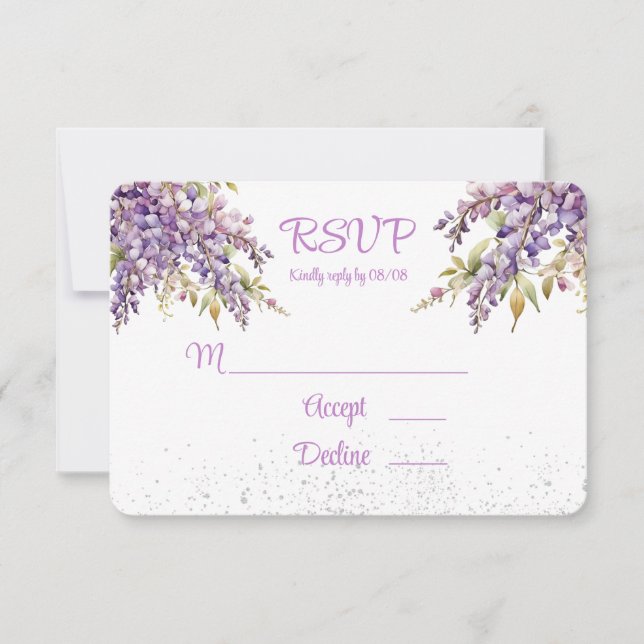 Luxury Purple and Lavender Wisteria Wedding RSVP Card (Front)
