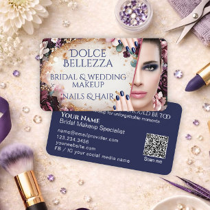 Luxury Purple Blue Floral Bridal Makeup Artist Business Card