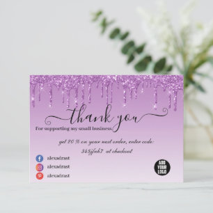 Luxury Purple Business Dripping Glitter Thank You Card