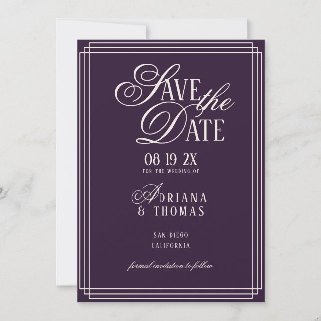Luxury Purple Calligraphy Wedding Save The Date (Front)