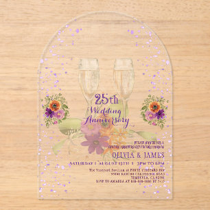 Luxury Purple Floral Acrylic 25th Anniversary Invitations
