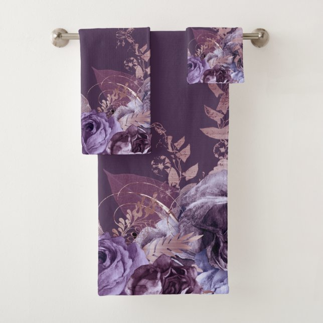 LUXURY PURPLE FLORAL BOTANICAL BATHROOM TOWEL SET (Insitu)