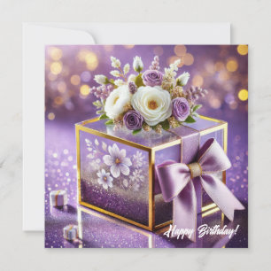 Luxury purple glass floral gift gold chiffon bow holiday card