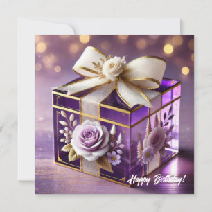 Luxury purple glass floral gift gold chiffon bow holiday card