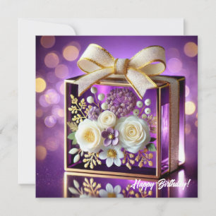 Luxury purple glass floral gift gold chiffon bow holiday card