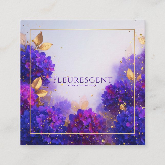 Luxury Purple Gold Hydrangea Floral Square Business Card (Front)