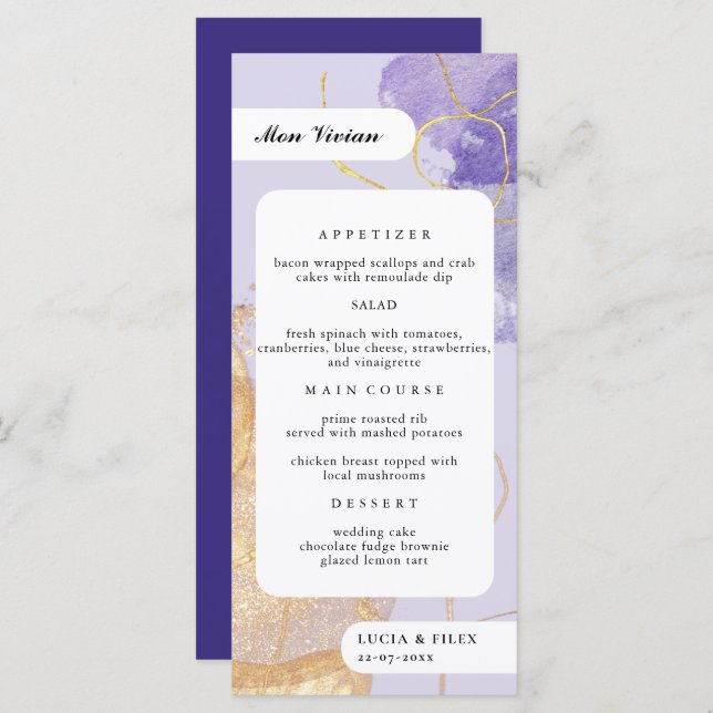  Luxury Purple & Golden Abstract Guest Name Dinner Menu (Front/Back)