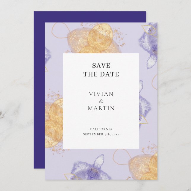  Luxury Purple & Golden Abstract Save The Date Invitation (Front/Back)