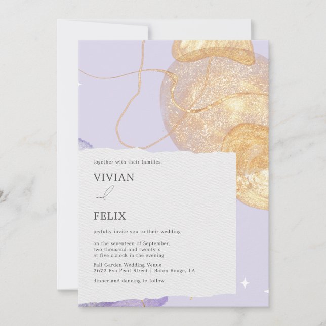 Luxury Purple & Golden Abstract Wedding Invitation (Front)