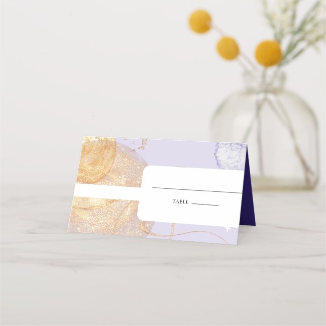 Luxury Purple & Golden Abstract Wedding Place Card (Front)