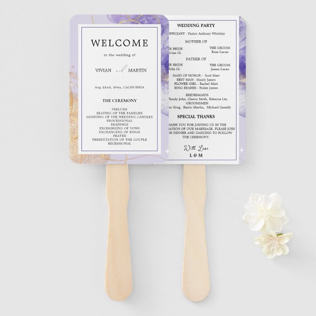 Luxury Purple & Golden Abstract Wedding Program Hand Fan (Front and Back)
