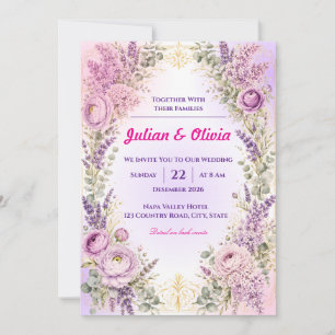 Luxury Purple Lavender and Ranunculus Wedding Invitation