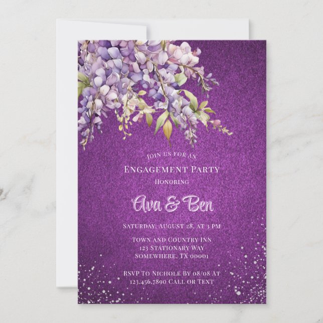 Luxury Purple Lavender Wisteria Glitter Engagement Invitation (Front)