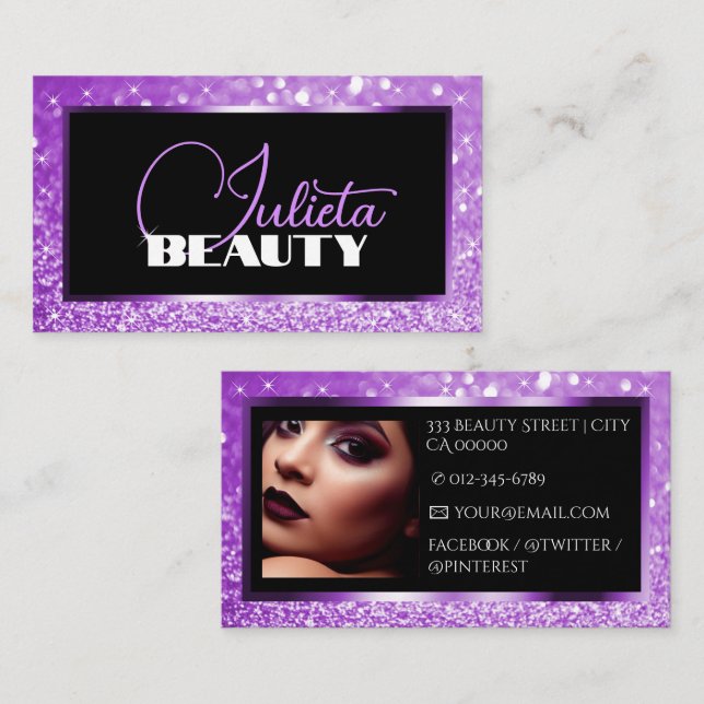 Luxury Purple Lilac Sparkle Glitter Photo Template Business Card (Front/Back)