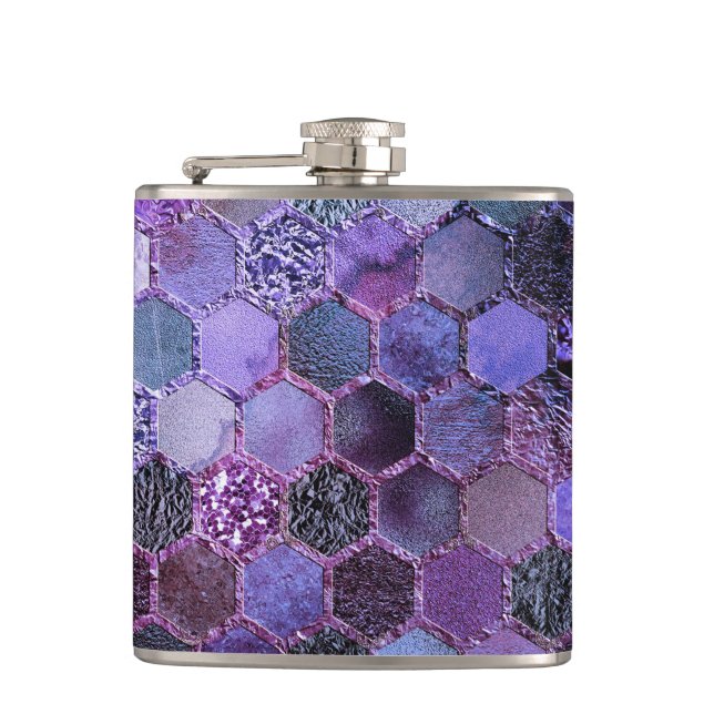 Luxury Purple Metal Foil Glitter honeycomb pattern Hip Flask (Front)