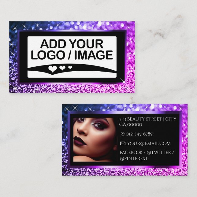 Luxury Purple Ombre Sparkle Logo Photo Template Business Card (Front/Back)