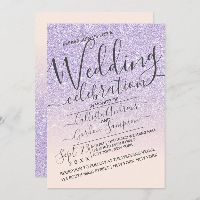 Luxury Purple Pink Sparkly Glitter Ombre Wedding Invitation (Front/Back)