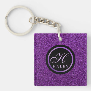 Luxury Purple Sparkles Glitter Monogrammed Initial Key Ring