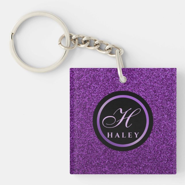 Luxury Purple Sparkles Glitter Monogrammed Initial Key Ring (Front)