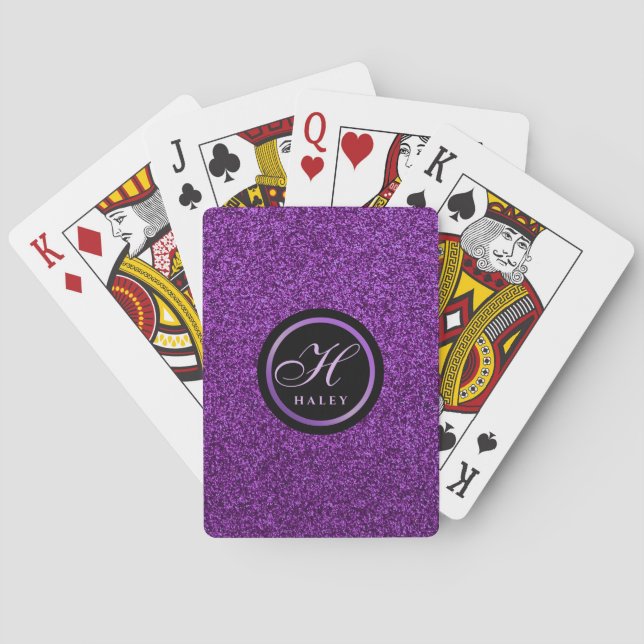 Luxury Purple Sparkles Glitter Monogrammed Initial Playing Cards (Back)