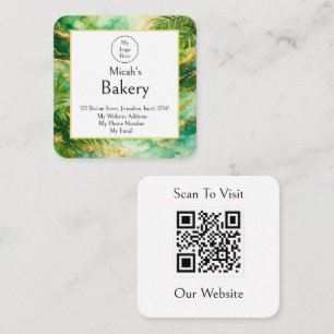 Luxury QR Code Bakery Green Gold Watercolor  Square Business Card