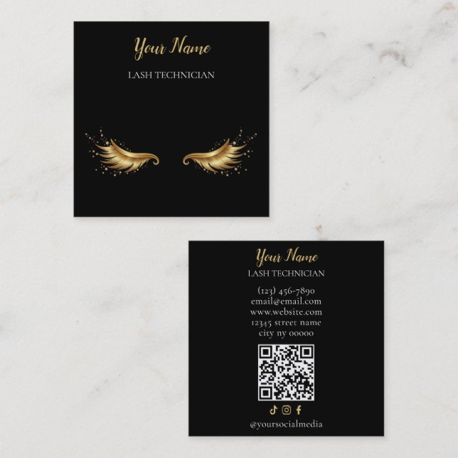 Luxury QR code Black and Gold Lash Technician Busi Square Business Card (Front/Back)