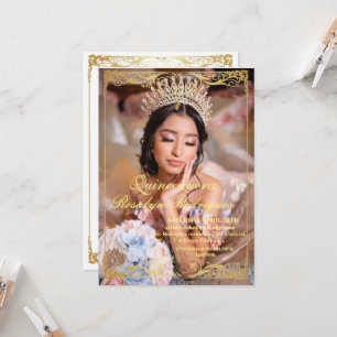 Luxury Quinceanera Gold White Photo Invitation