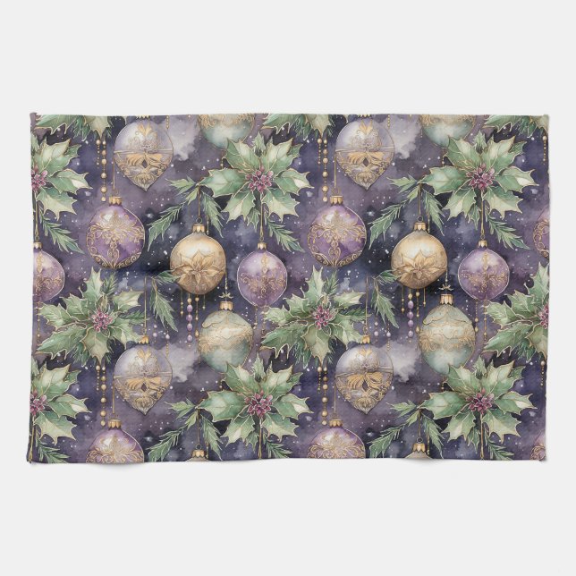 Luxury Radiance Purple and Gold Christmas Splendou Tea Towel (Horizontal)